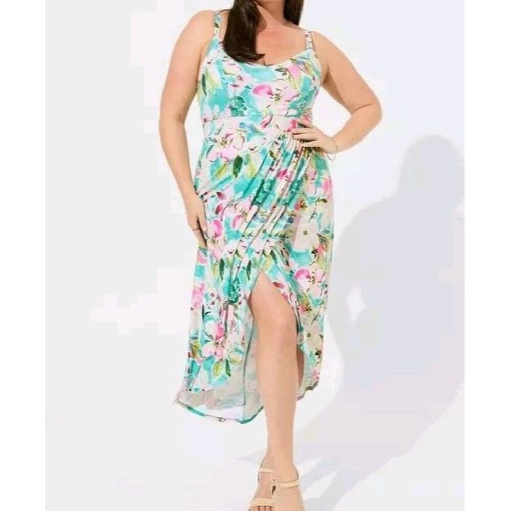 Torrid Midi Studio Knit V Neck Sleeveless Wrap Slit Dress Multi 1X 14-16 NWT